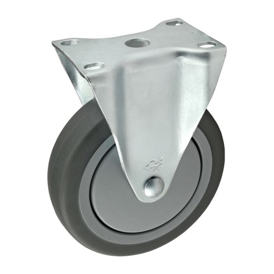 side view of a wheel with a metal triangular caster attached to the center of the wheel and mounting holes on the top of the caster