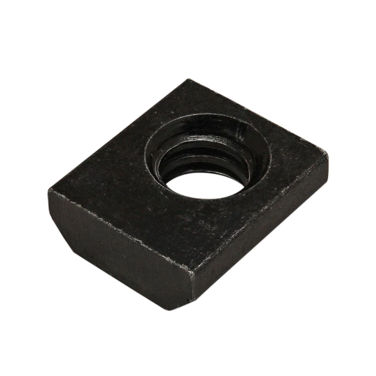 rectangle shaped t-nut with a rounded bottom, flat top, with a hole on the top right side