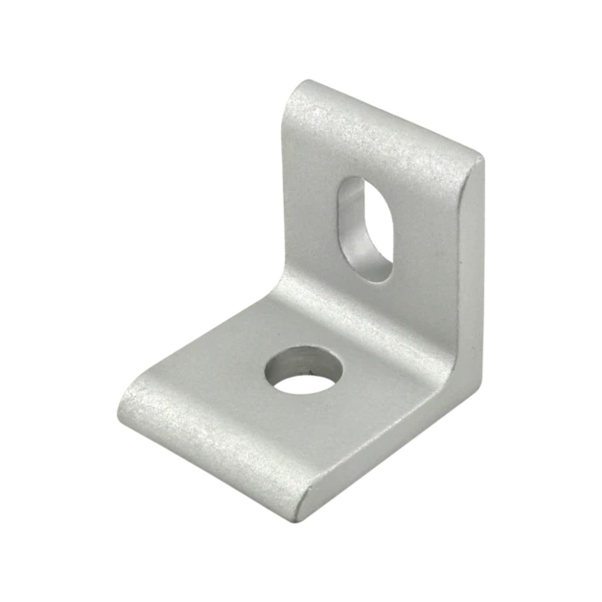 metal, l-shaped corner bracket with the corner on the right side and a mounting hole in each of the two sides