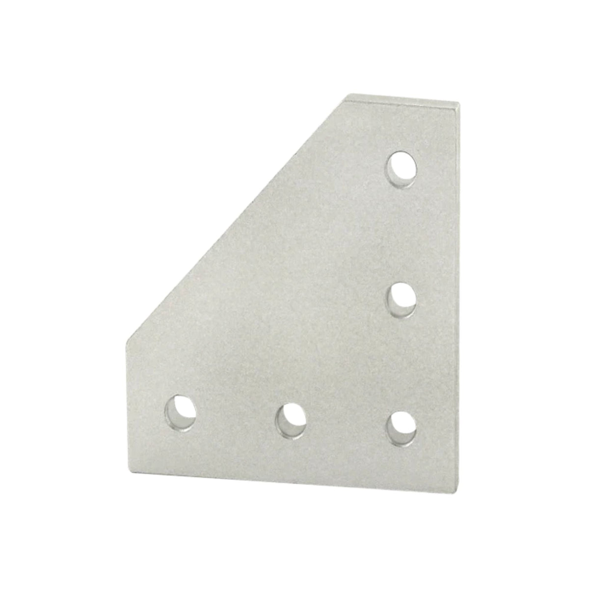 side view of a flat, rectangular mounting plate with five holes and an angled top left corner