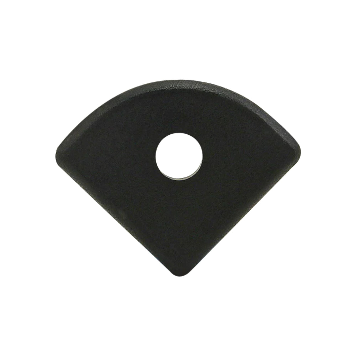 black end cap with two straight sides and a rounded top, with a hole in the center