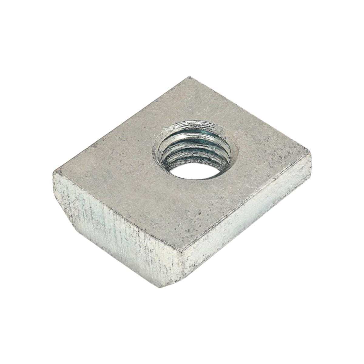 square metal t-nut with flat top and a threaded hole