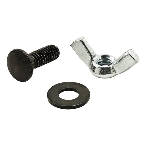 black screw pictured on the left side, wing-nut pictured on the right side, and a black washer below them