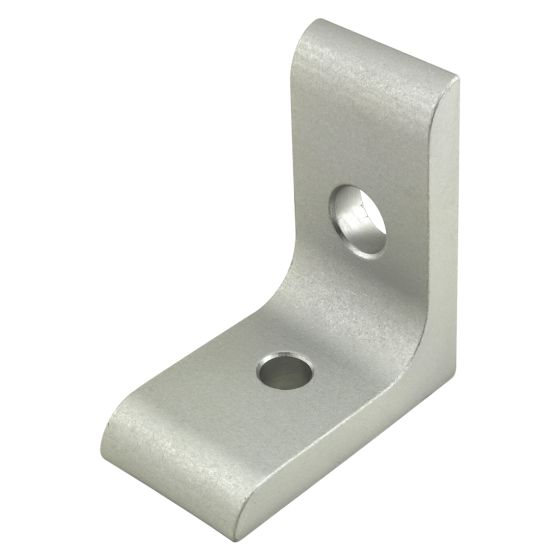 side view of a corner bracket with the corner on the right side and one mounting hole in each side of the corner bracket