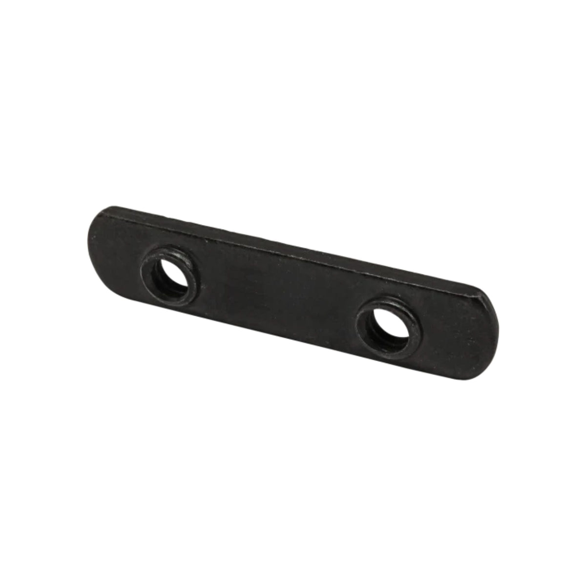 side view of a black rectangular t-nut with rounded ends and two mounting holes