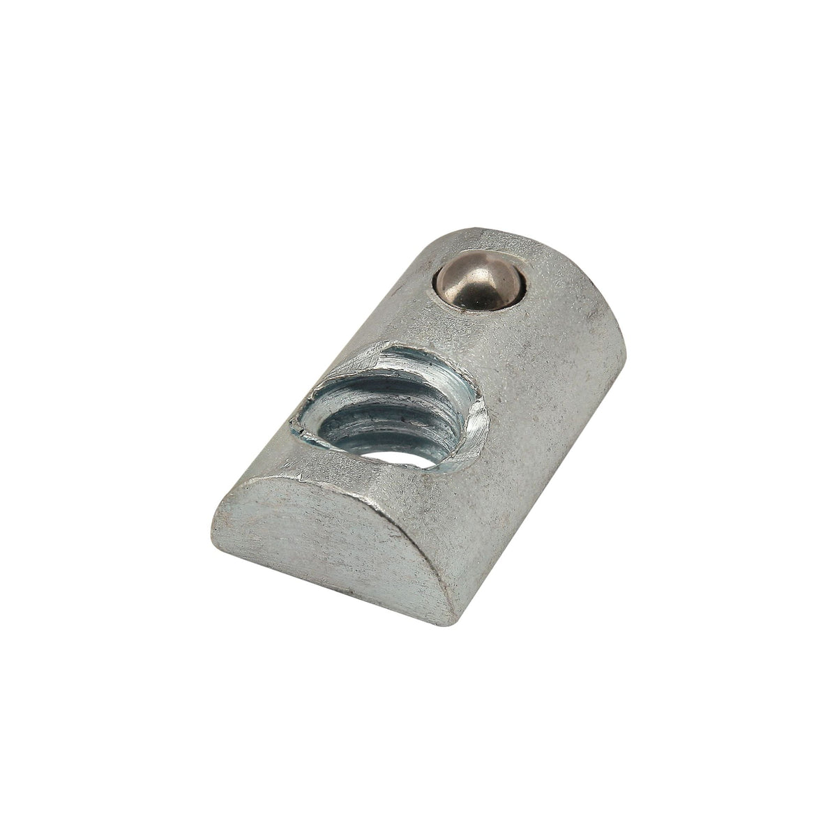 rectangular t-nut with a flat bottom, a rounded top, a threaded hole on one side and a ball spring on the other side