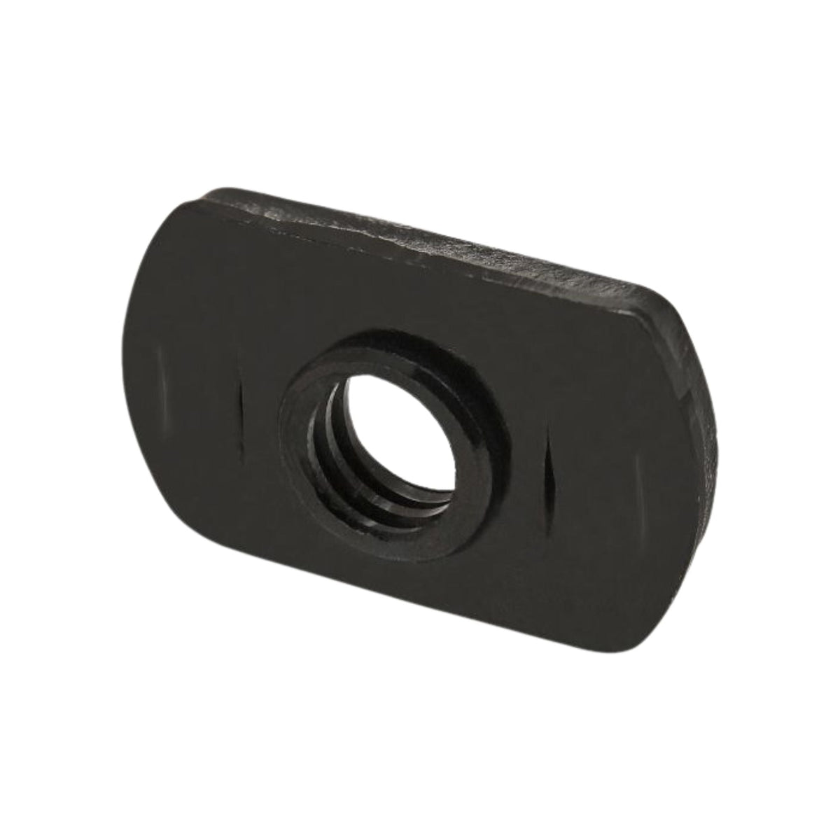 side view of a black, rectangular t-nut with rounded ends and a threaded hole in the center