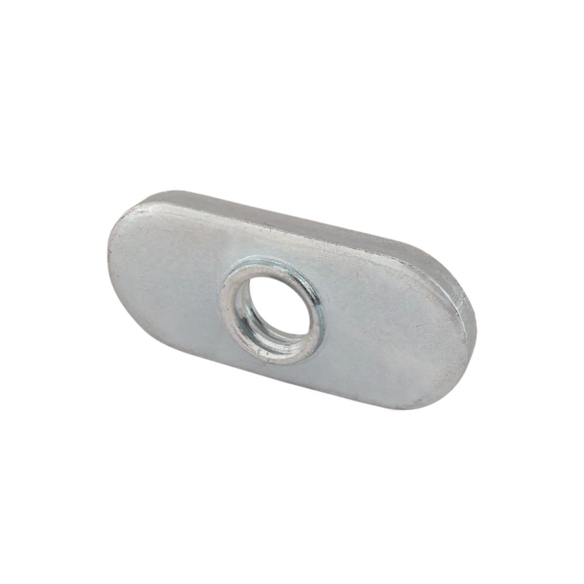 side view of a rectangular metal t-nut with rounded ends and a hole in the center