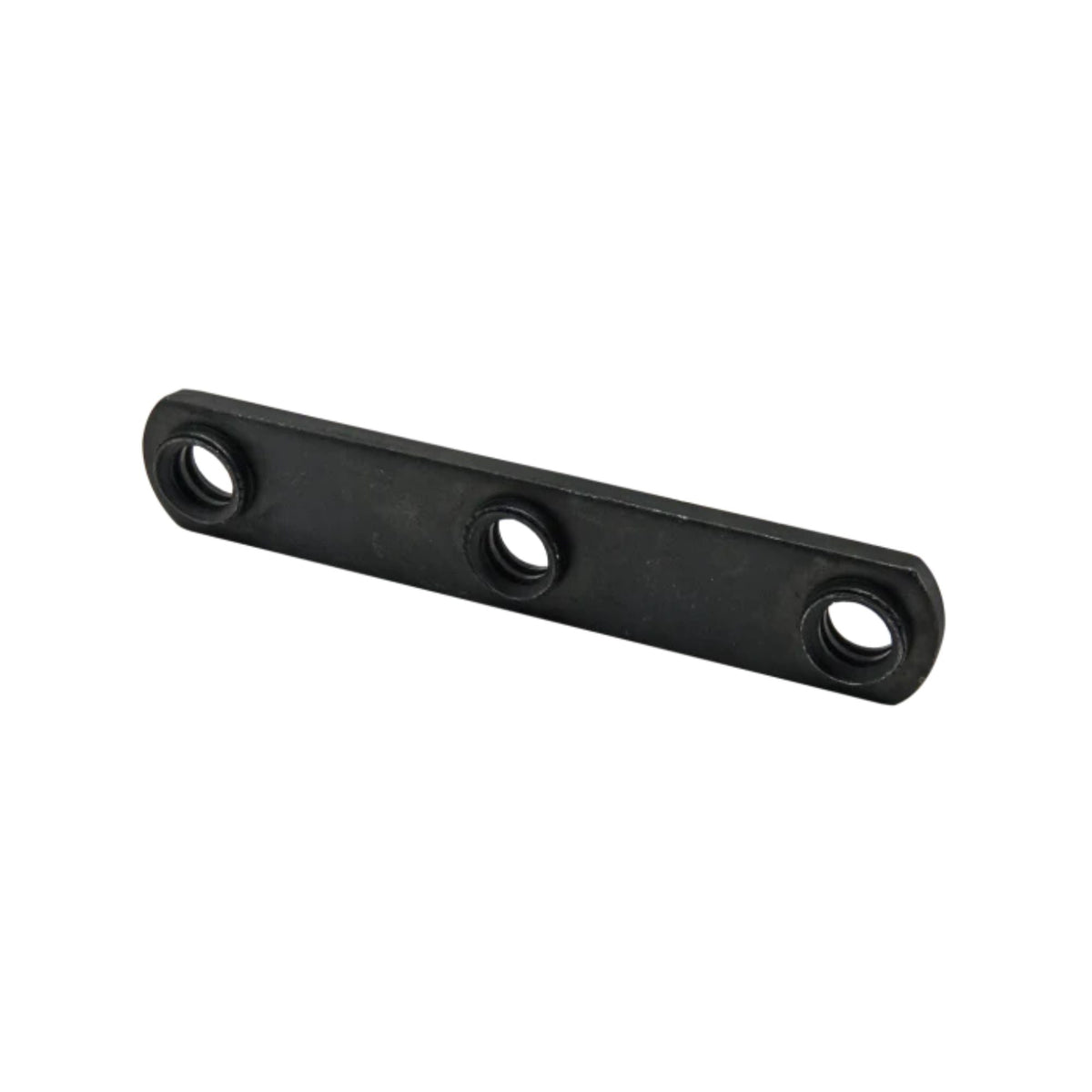 side view of a black, rectangular t-nut with rounded ends and three mounting holes