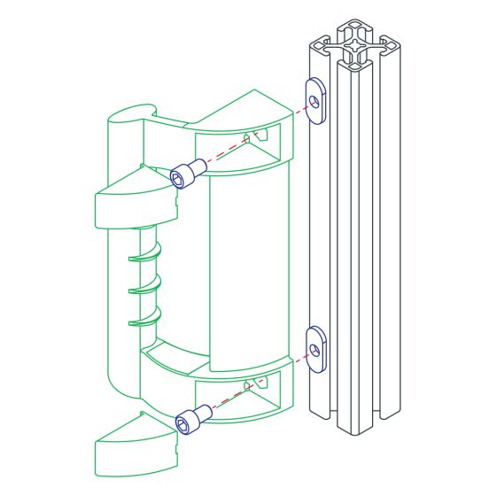 diagram of a plastic handle being mounted to a t-slot bar