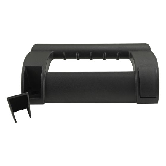side view of a black, plastic, rectangular shaped handle with the center cut out