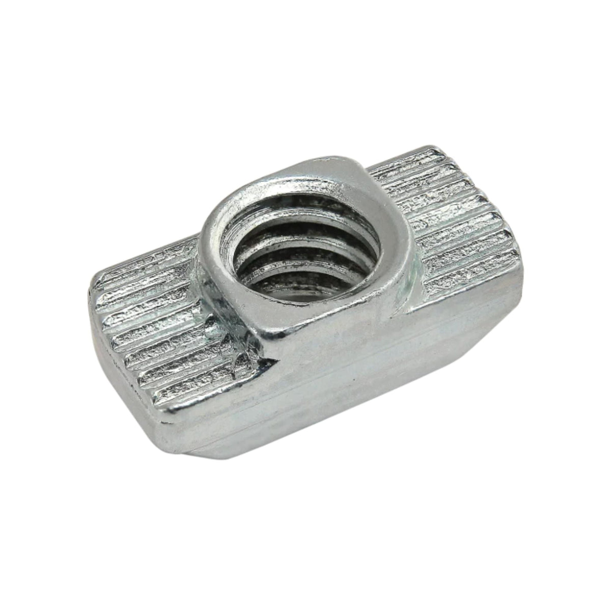 metal, rectangular t-nut with a rounded bottom and a threaded hole on the top