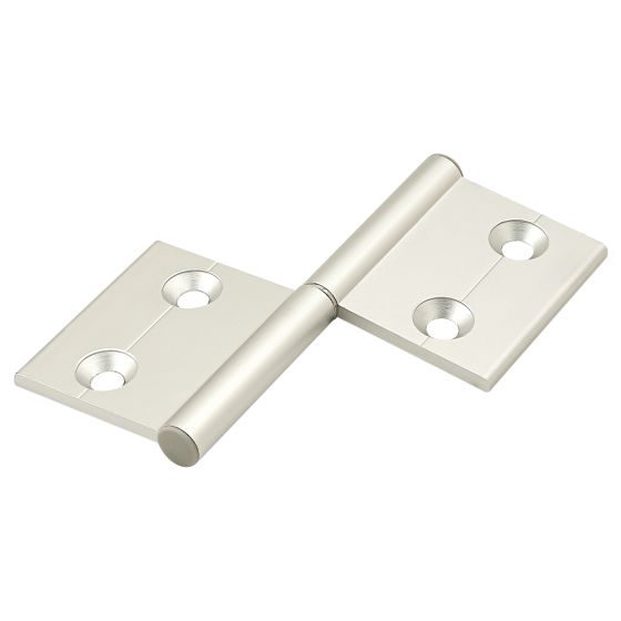 top view of a hinge unit with one square piece on the left side of the center and one square piece above it on the right side of the center. each piece has two mounting holes.