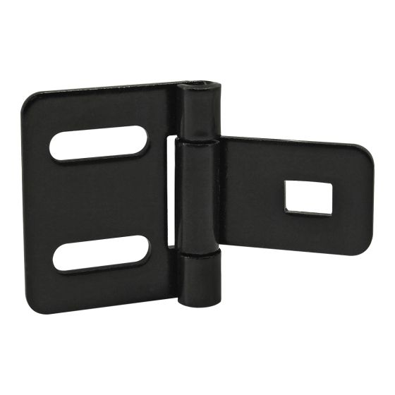 black, metal panel hinge with a rectangular piece on the left side of the center that has two long oval hole, and a smaller rectangular piece on the right side of the center that has one small rectangular hole
