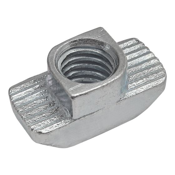 top-side view of a metal rectangular shaped t-nut with a rounded bottom and a raised piece on top with a threaded hole in the center