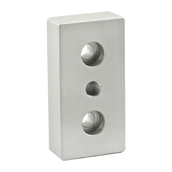 upright, rectangular base plate with three holes vertically along the center. The middle hole is threaded.