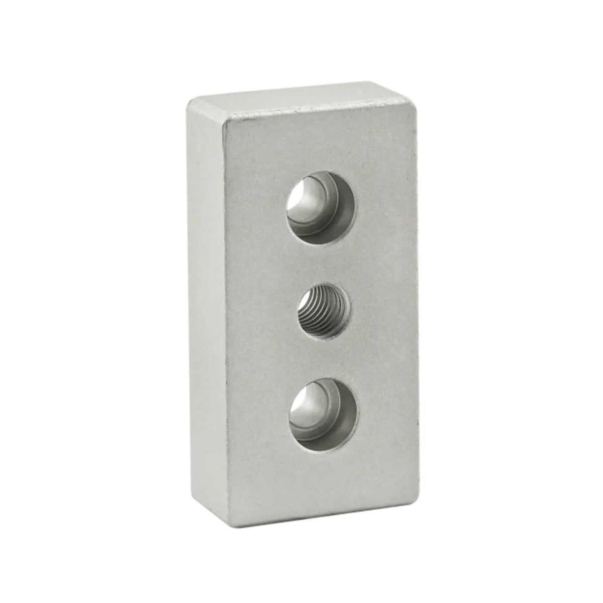 upright, rectangular, aluminum block with three holes vertically along with center