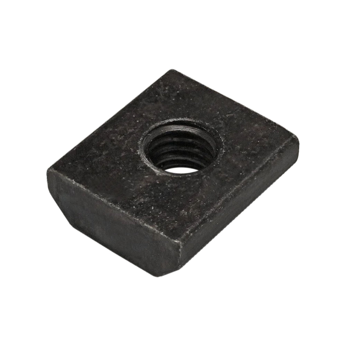 black, metal, square t-nut with a rounded bo0ttom and a threaded hole in the top