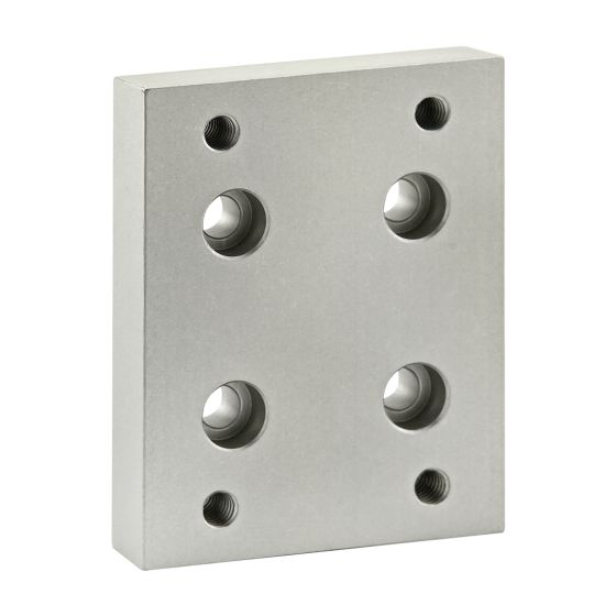 upright, rectangular aluminum base plate with eight holes
