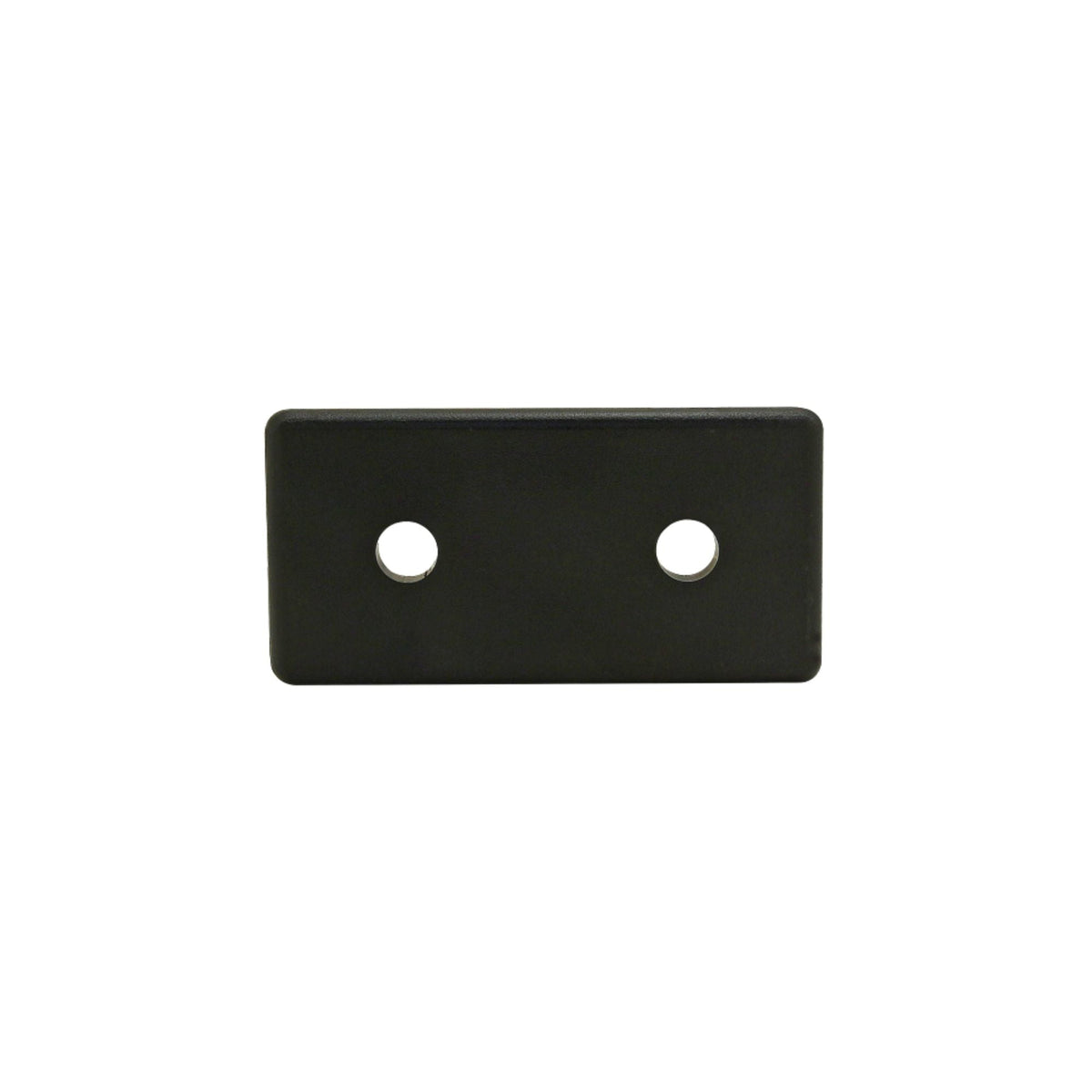 side view of a black rectangular end cap with two mounting holes
