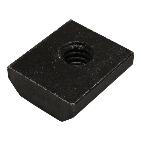 top view of a rectangular t-nut with one hole through the top, and angled edges along the bottom