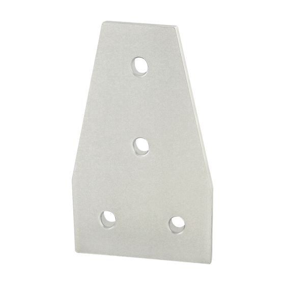 side view of a metal joining plate with angled corners cut off the top left and right, and four holes through the plate