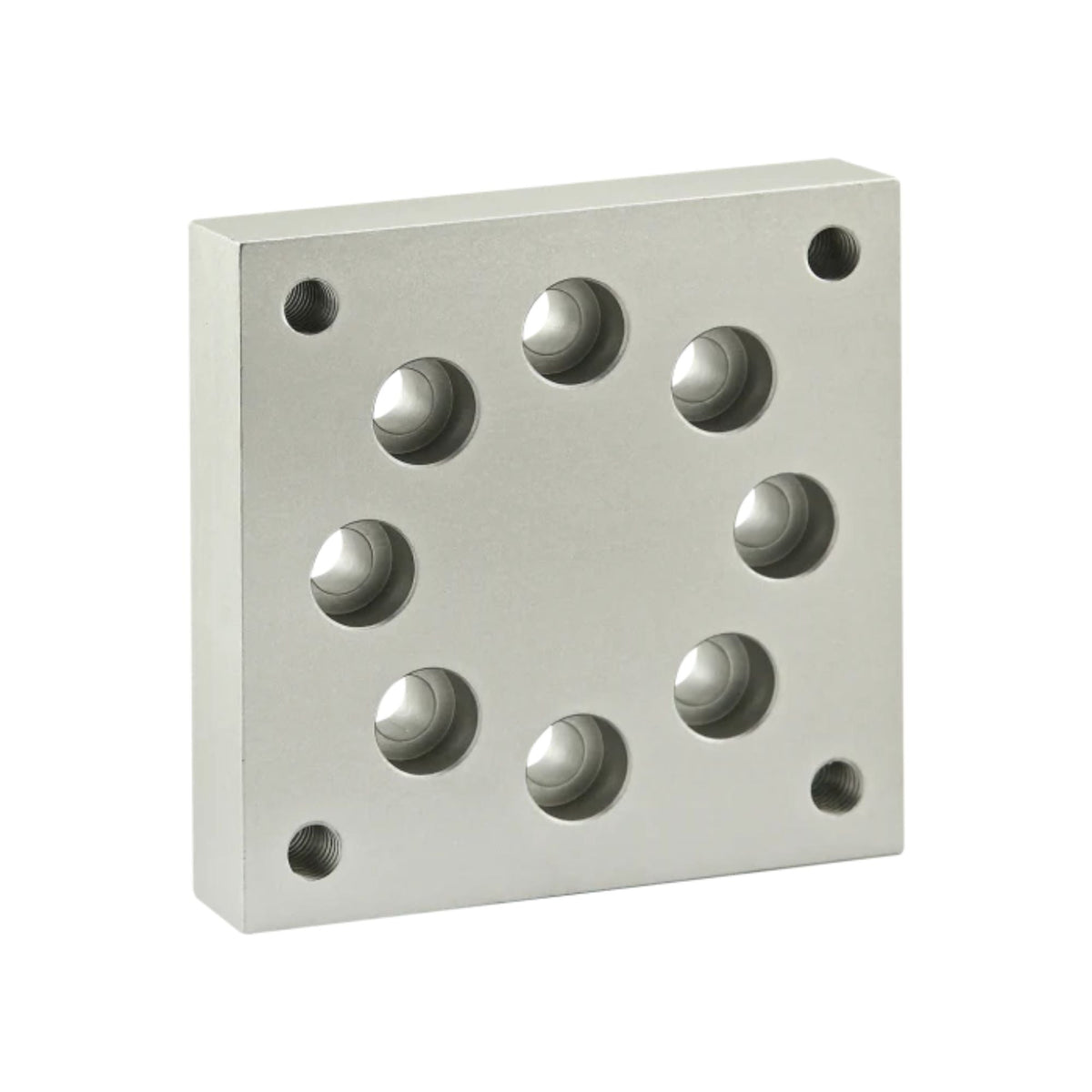 square caster plate with eight holes positioned in a circle in the center and a mounting hole on each corner