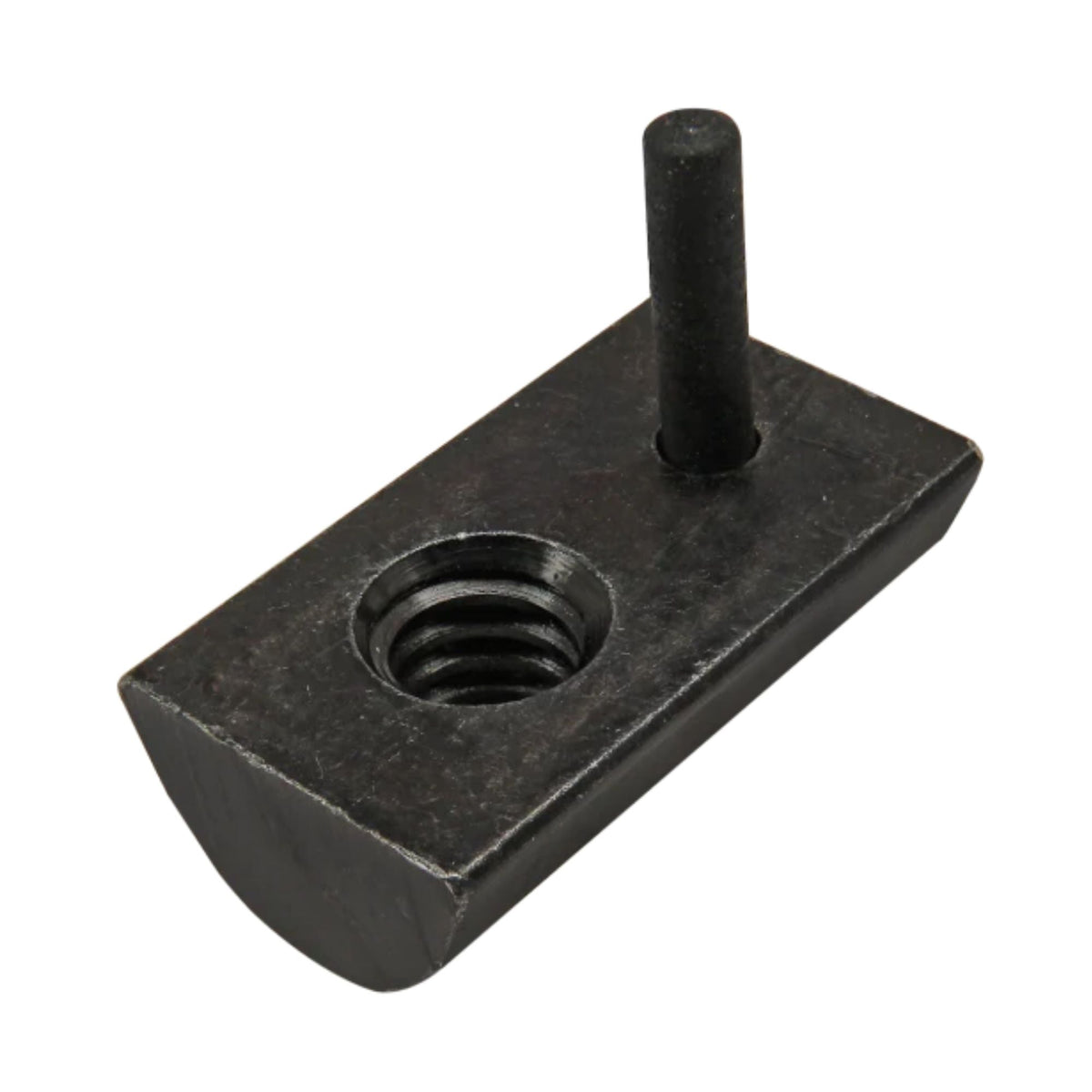 top view of a rectangular drop in T-nut with a rounded bottom, a hole on the left side and a cylindrical rod sticking through the top on the right side