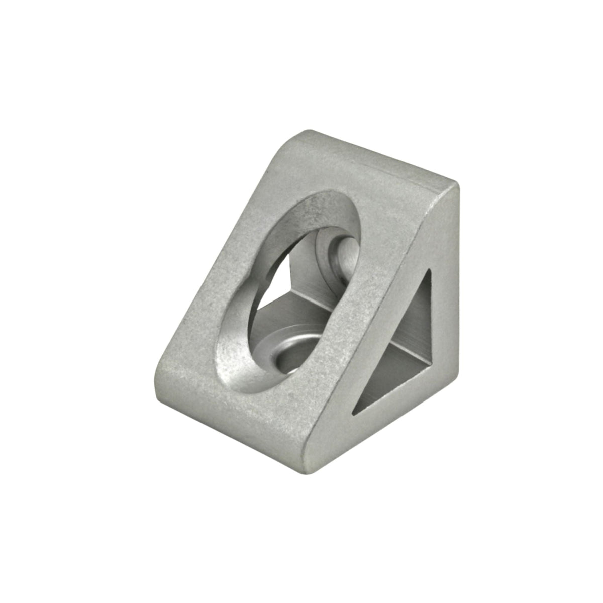 triangle shaped corner bracket with a single mounting hole on each of the three sides