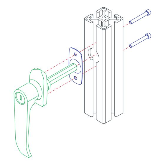 diagram of a handle being mounted to a t-slot bar