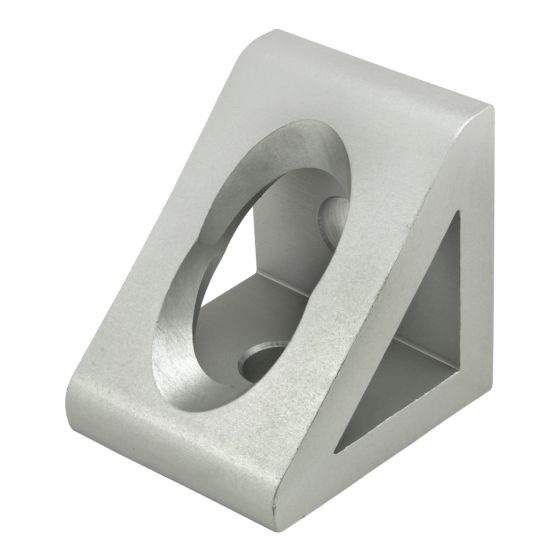 triangular shaped corner bracket with a large oval hole in the center of the long side and two small mounting holes on each of the smaller sides
