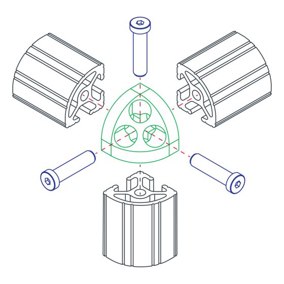 diagram of a rounded triangular corner connector being connected to three t-slot bars