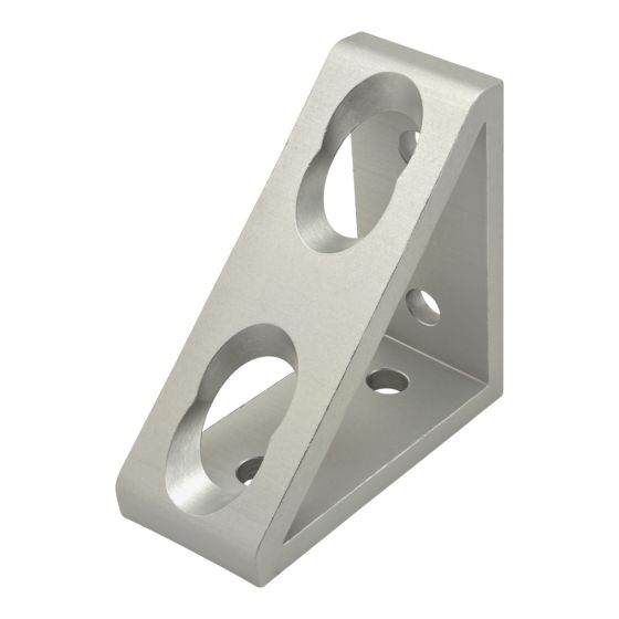 triangular corner bracket with two oval holes in the long side and two small mounting holes in each of the shorter sides