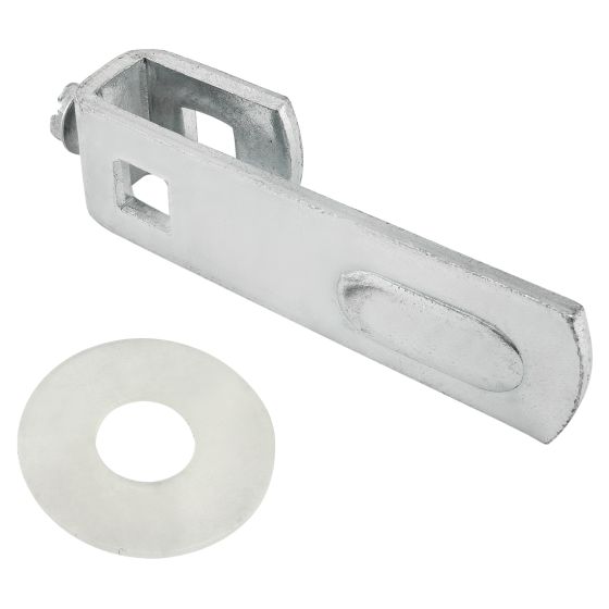 side view of a metal handle unit with a thin rectangular handle with mounting hardware on the left and a circular disc pictured below it