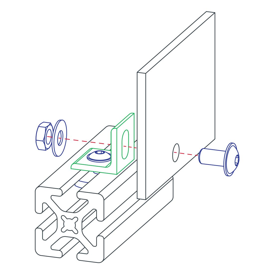 diagram of a corner bracket mounted to a t-slot bar