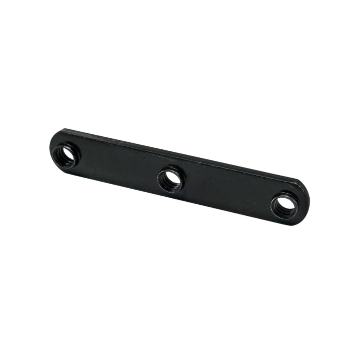 side view of a black rectangular t-nut with rounded ends and three mounting holes