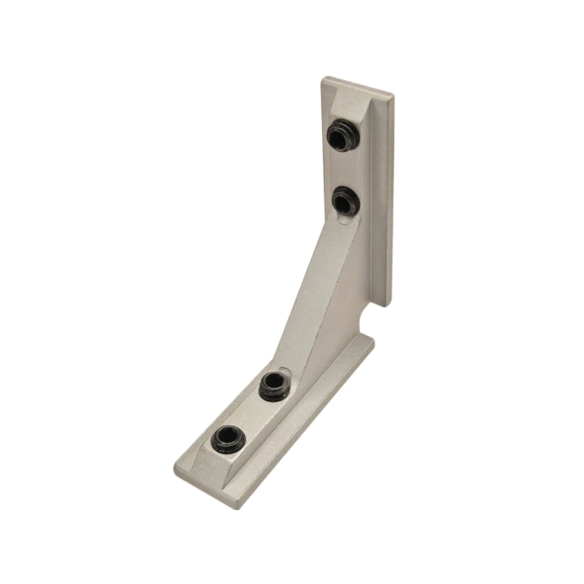 metal, L shaped corner connector piece with rectangular sides and two black screws set in each side