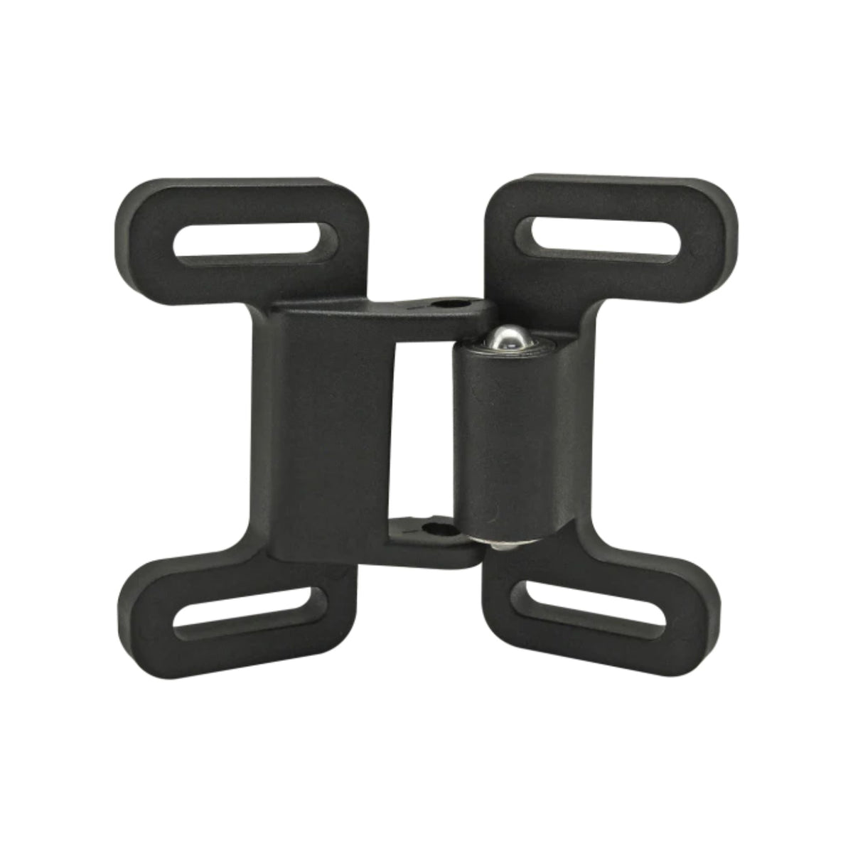 black latch with oval pieces in each of the four corners and a ball hinge in the middle