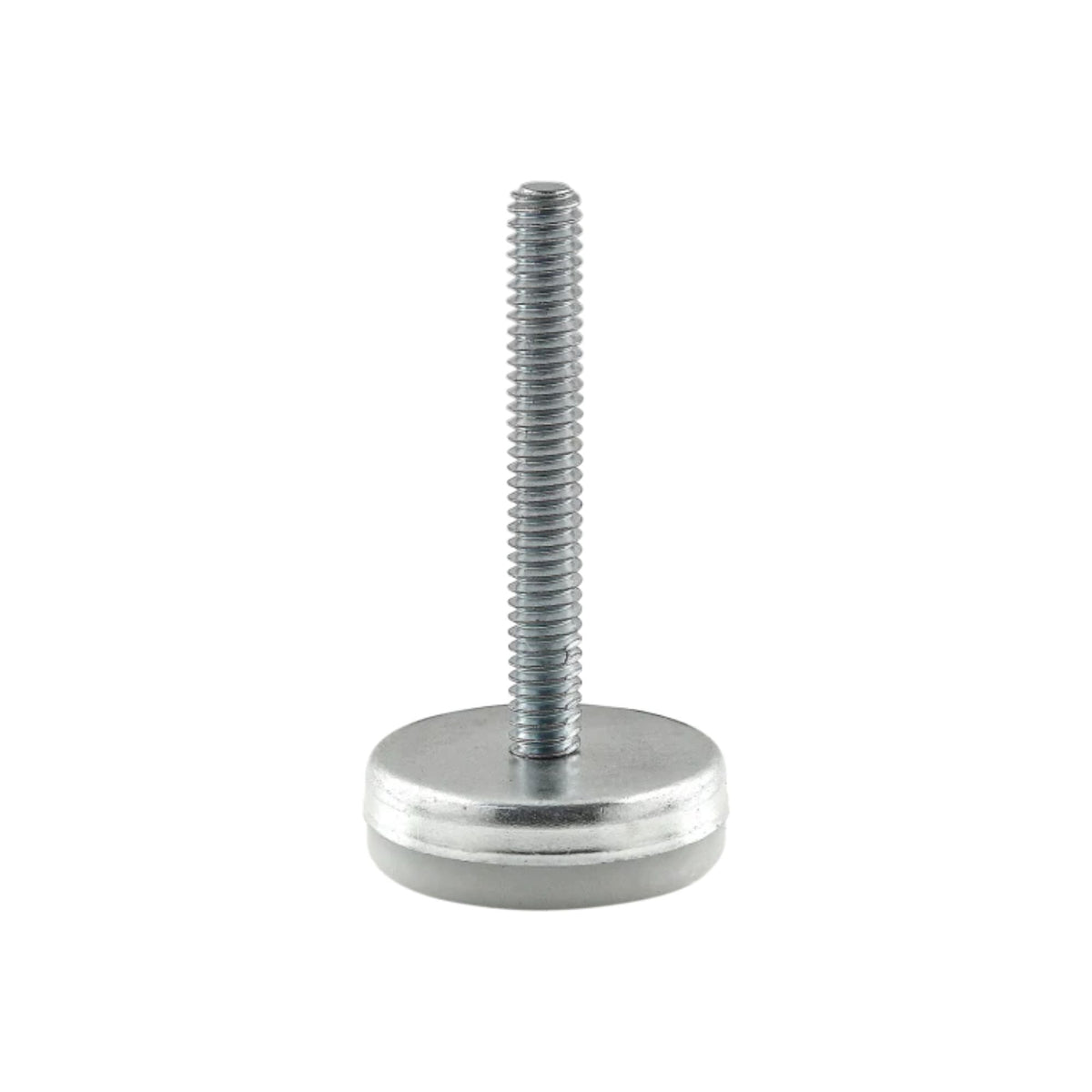 round nickel plated metal base at the bottom with a long threaded stem inserted into the middle