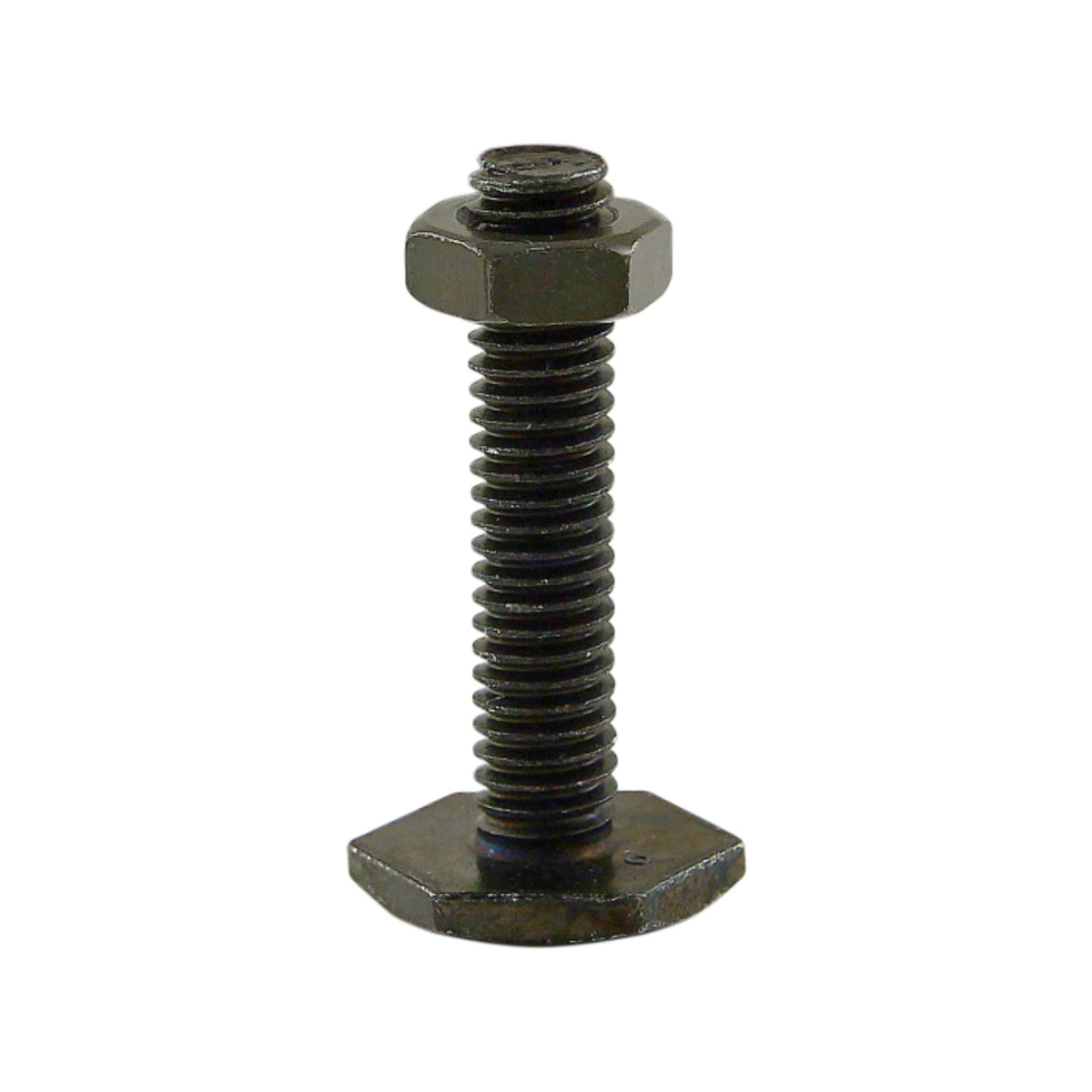 black metal piece with a hexagon base, a long threaded stem pointing upward with a nut at the top of the thread