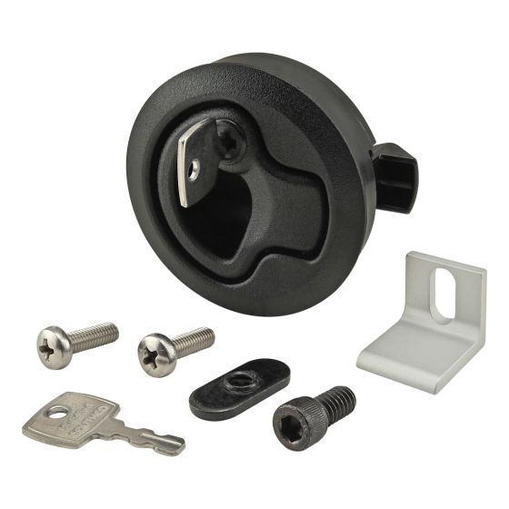 black, circular handle unit with a key inserted into it and three screws, a t-nut, a corner bracket, and a key all pictured below the handle unit
