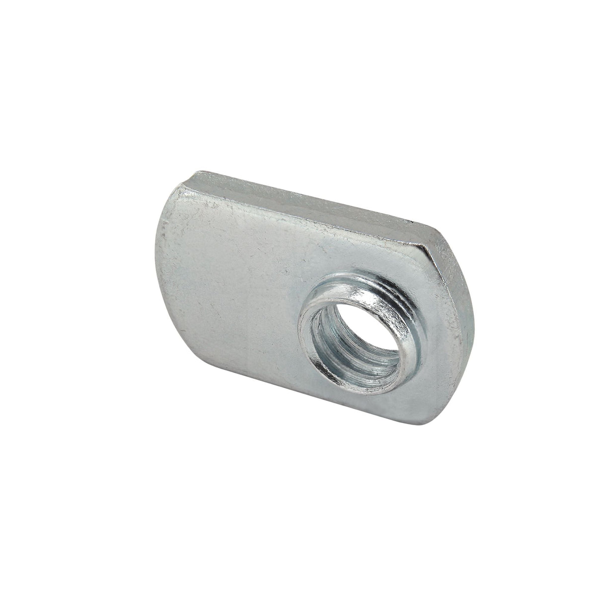 side view of a metal T-nut with mounting hole on the right