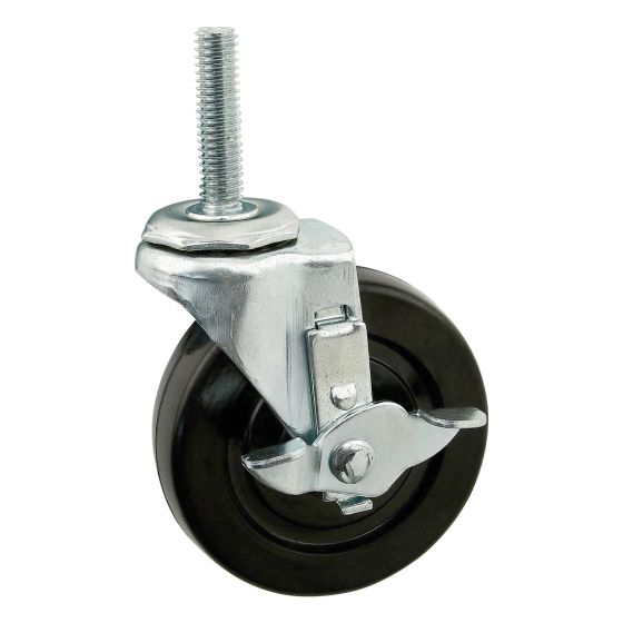 side view of a swivel caster wheel with a lever in the center of the wheel and a screw at the top left side of the wheel