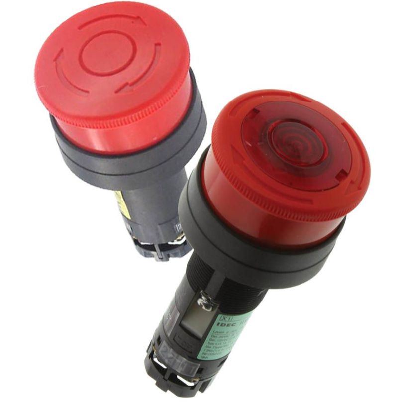 Plastic housing push button with red mushroom style cap.