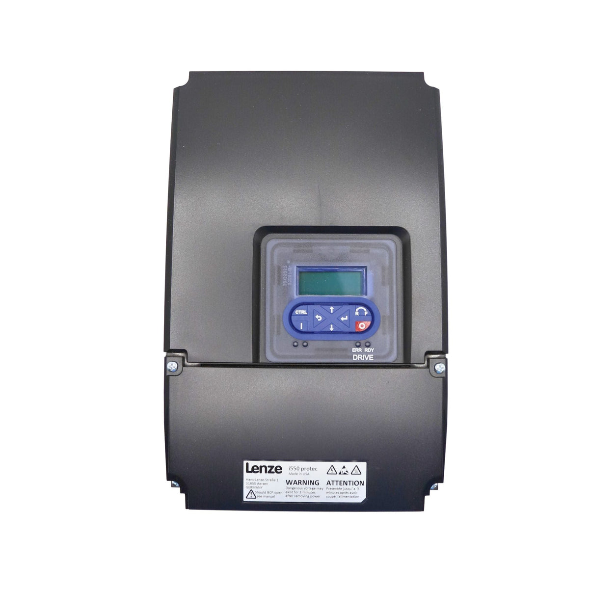 Lenze | I550 Protec 10hp Wall Mount, Nema 4x rated, Keypad, Incremental encoder (HTL) via two digital inputs, 5digital inputs, 2 analog inputs, 1 digital output 1 analog Output, 1 relay | I55AP275F00711K00S - front view
