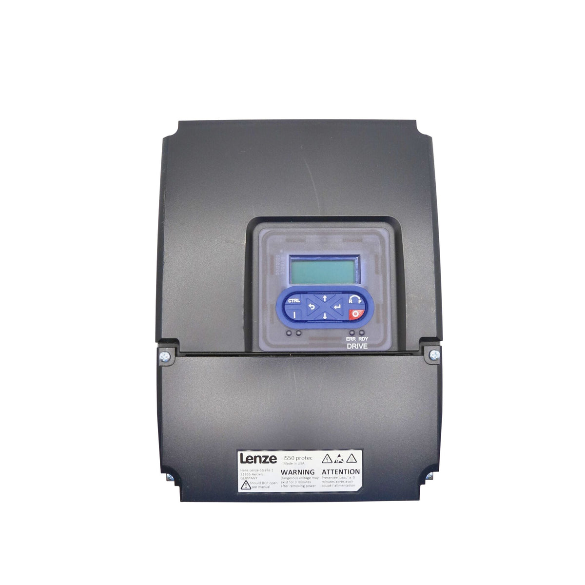 Lenze | I550 Protec 5hp Wall Mount, Nema 4x rated, Keypad, Incremental encoder (HTL) via two digital inputs, 5digital inputs, 2 analog inputs, 1 digital output 1 analog Output, 1 relay | I55AP240F00711K00S - front view
