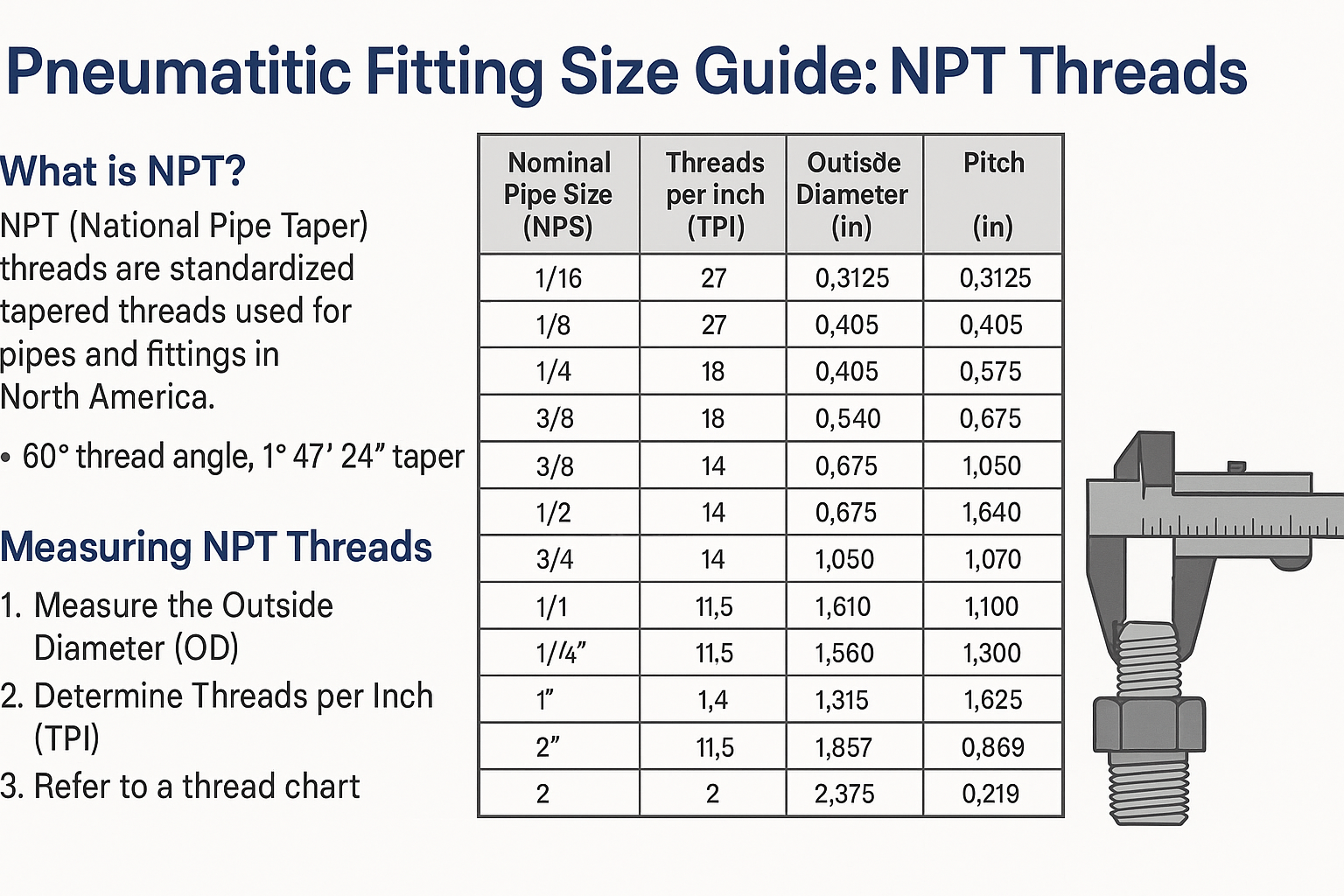 TECO Technology Pneumatic Fitting Size Guide. NPT Threads