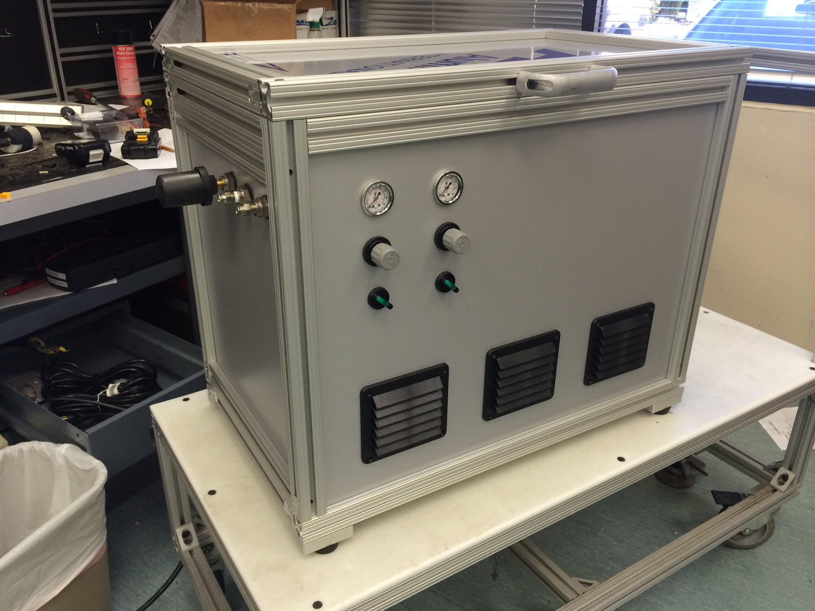 Box with gauges and vents