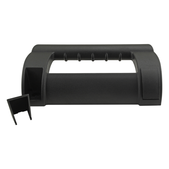 side view of a black, plastic, rectangular shaped handle with the center cut out