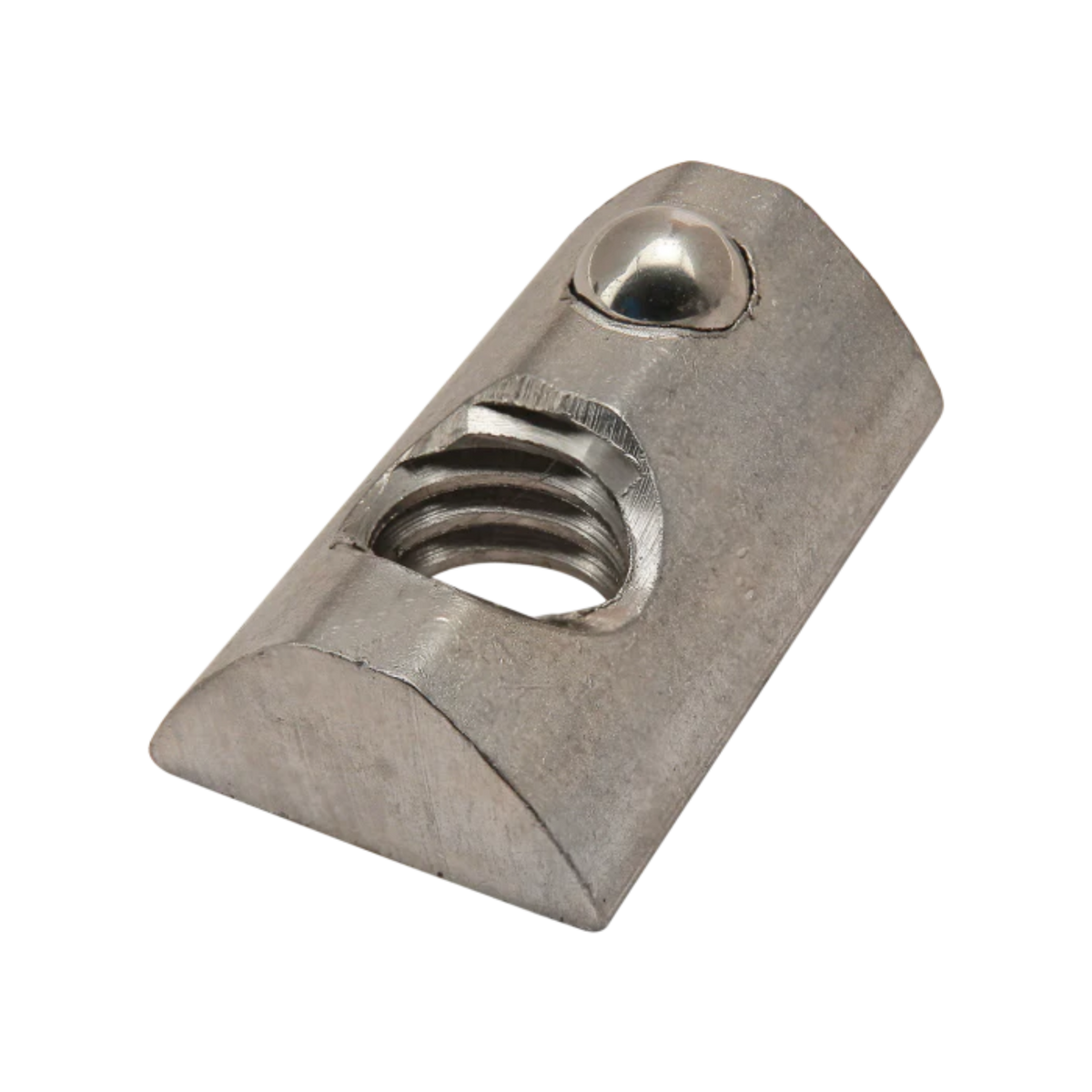 metal, rectangular t-nut with a flat bottom, a rounded top, a threaded hole on one end and a ball spring on the other end